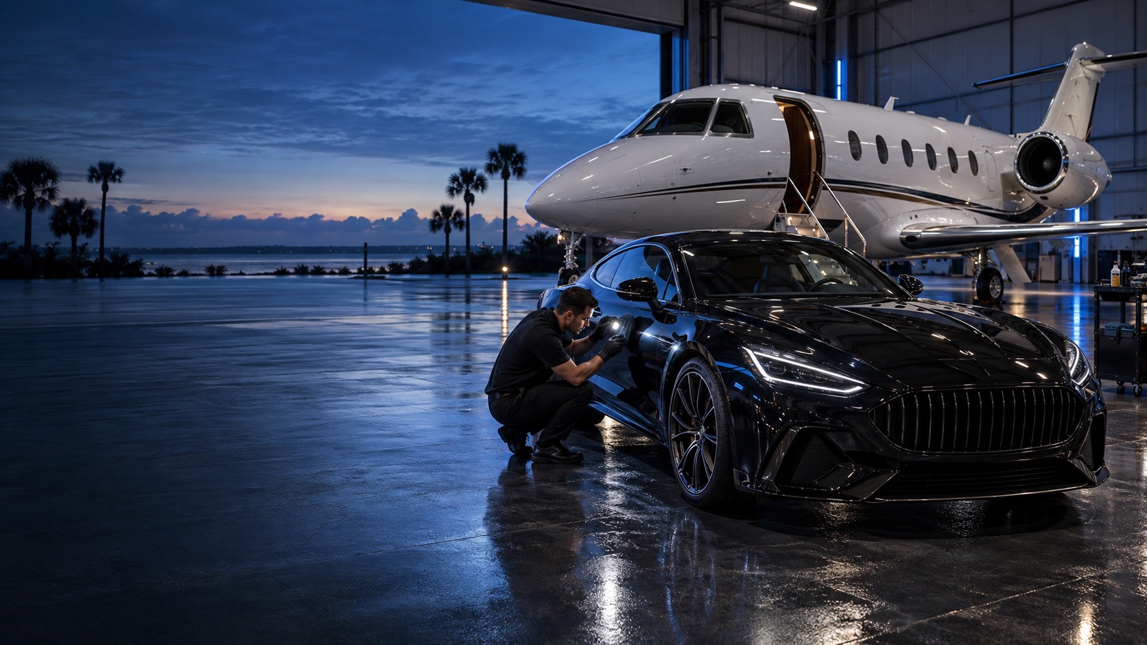 Black grand touring car and white business jet staged in a coastal hangar