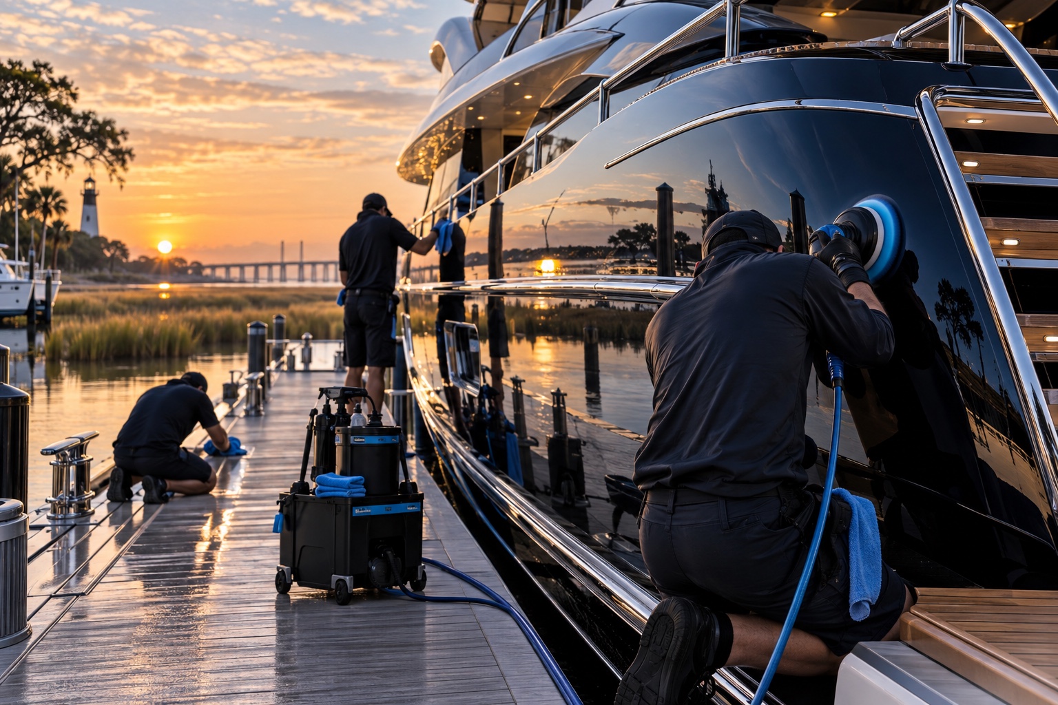 Dark luxury yacht hull being refined beside the water
